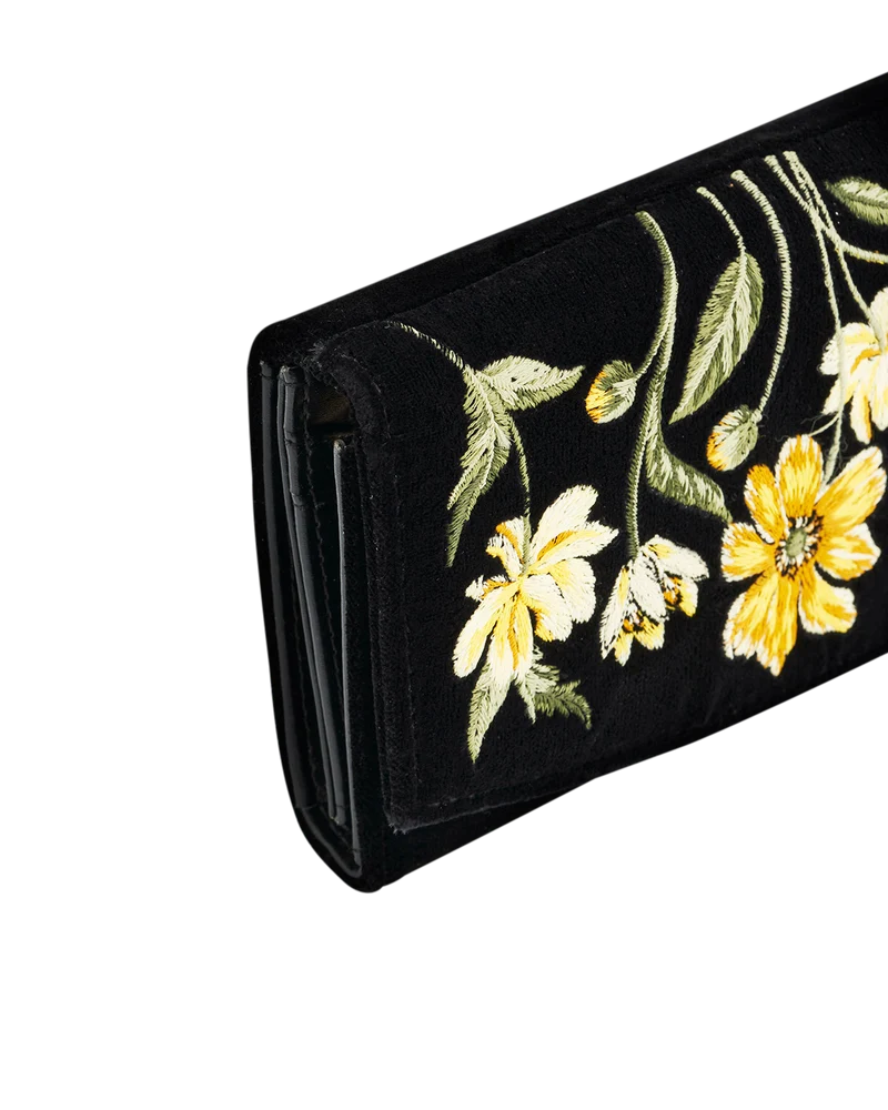 Black Botanical Velvet Embroidered Purse Large