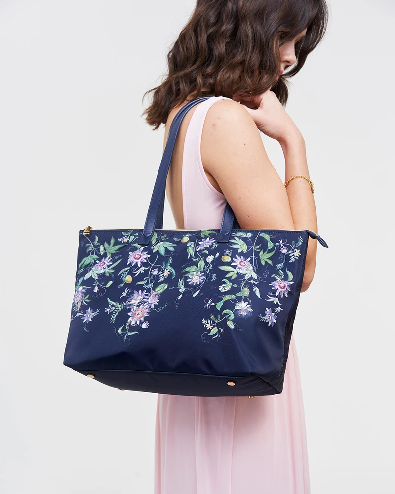 Navy Passion Flower Grab Tote