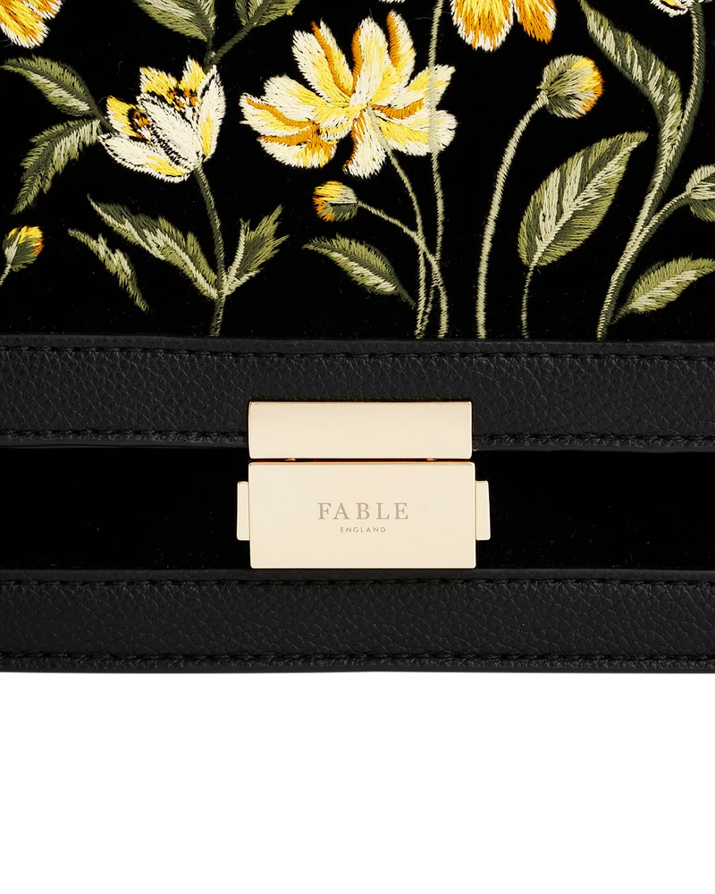 Black Botanical Velvet Embroidered Foldover Bag