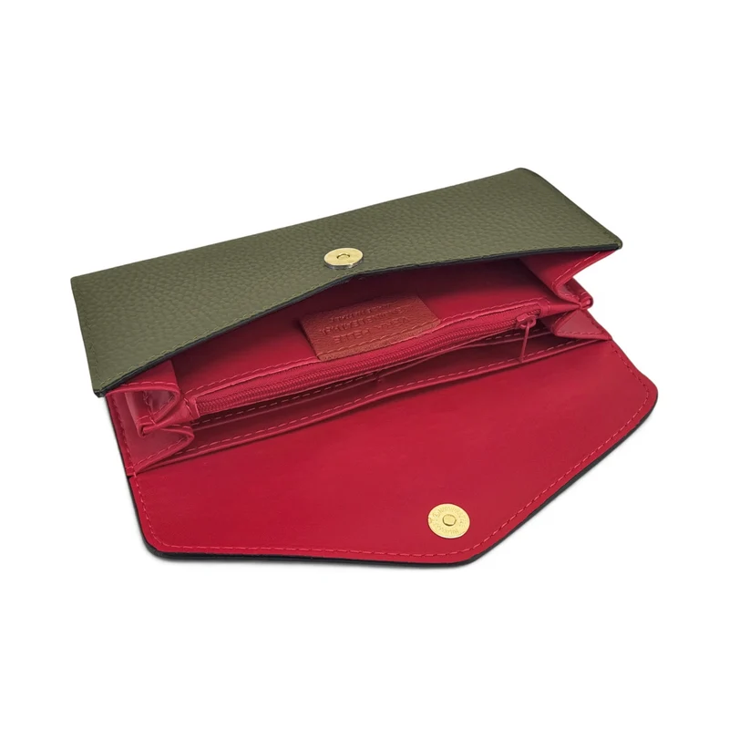 Pochette portefeuille en cuir grainé CLELIA Vert kaki