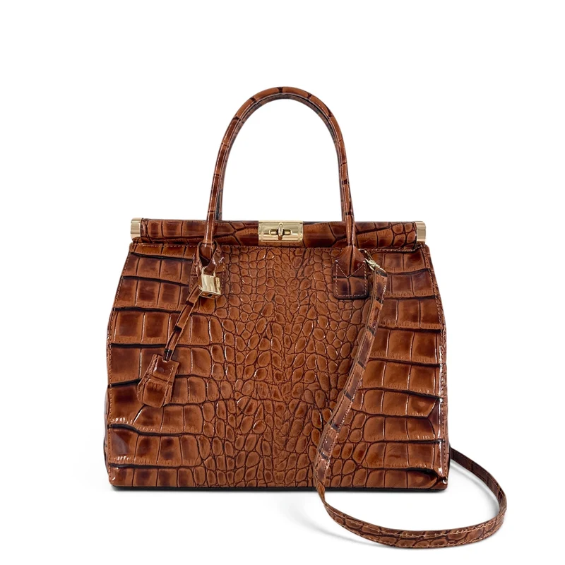 Sac bowling en cuir à motif crocodile TROCADERO CROCO Marron camel