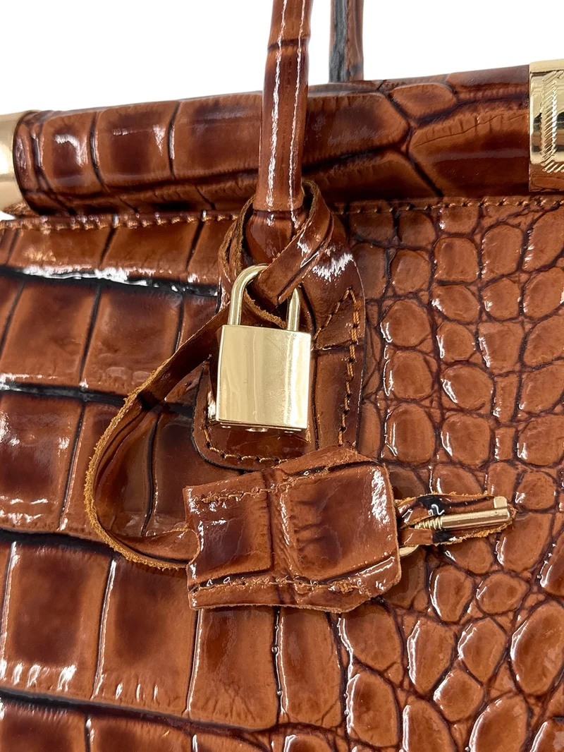 Sac bowling en cuir à motif crocodile TROCADERO CROCO Marron camel