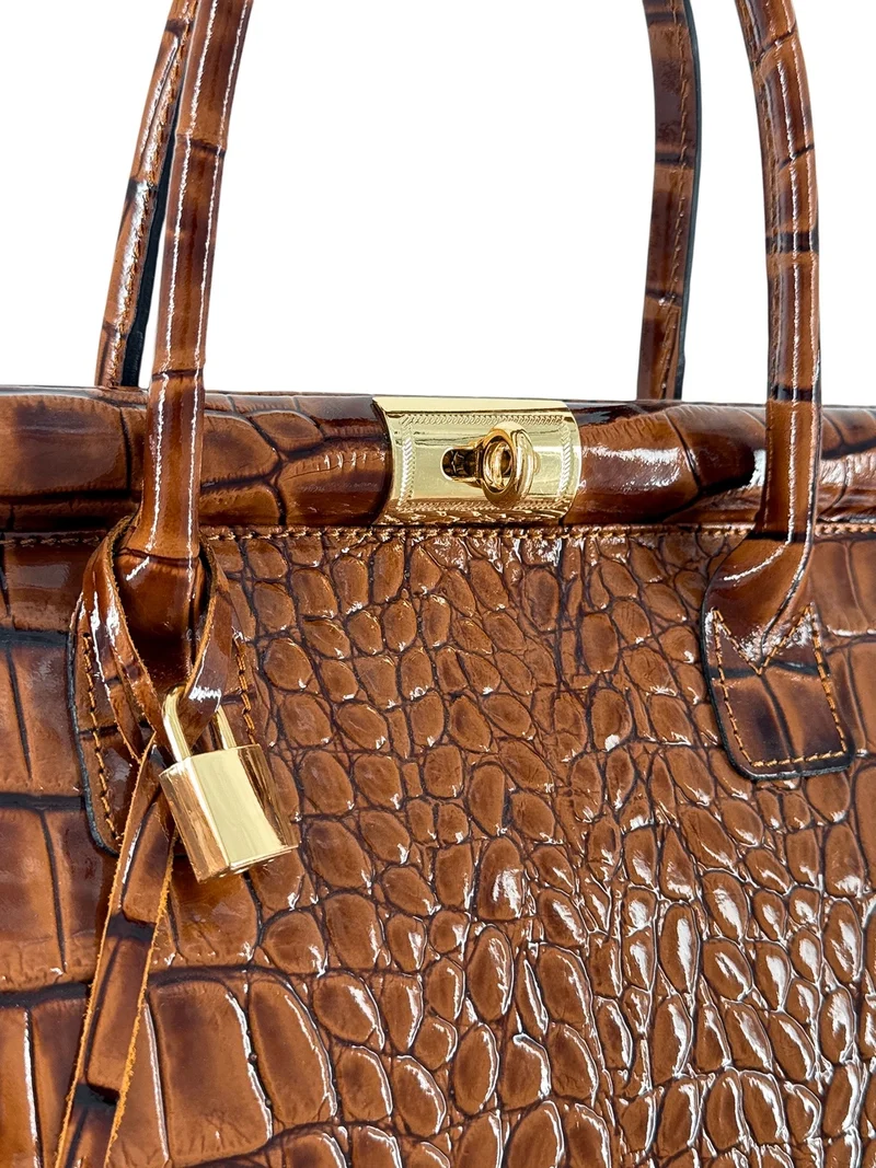Sac bowling en cuir à motif crocodile TROCADERO CROCO Marron camel