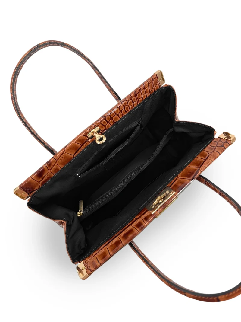 Sac bowling en cuir à motif crocodile TROCADERO CROCO Marron camel