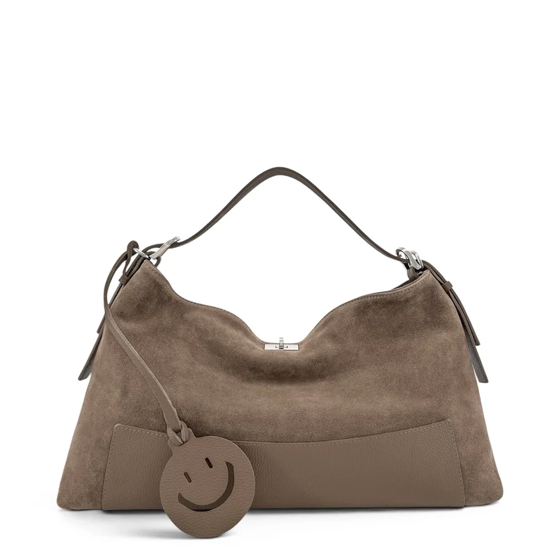 Sac Hobo en cuir grainé et daim HARVEY SUEDE Taupe