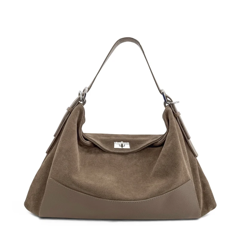 Sac Hobo en cuir grainé et daim HARVEY SUEDE Taupe