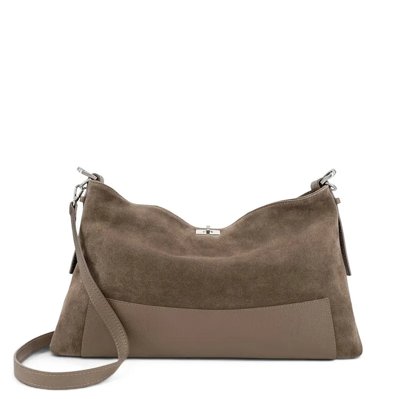 Sac Hobo en cuir grainé et daim HARVEY SUEDE Taupe