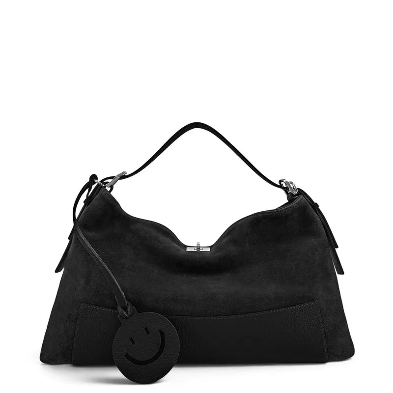 Sac Hobo en cuir grainé et daim HARVEY SUEDE Noir