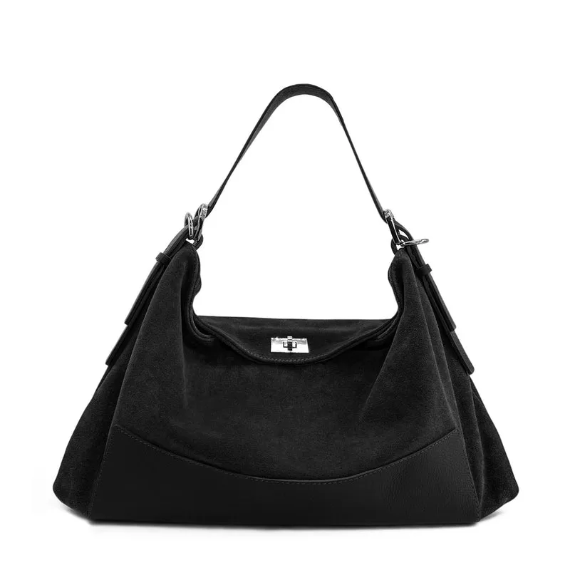 Sac Hobo en cuir grainé et daim HARVEY SUEDE Noir