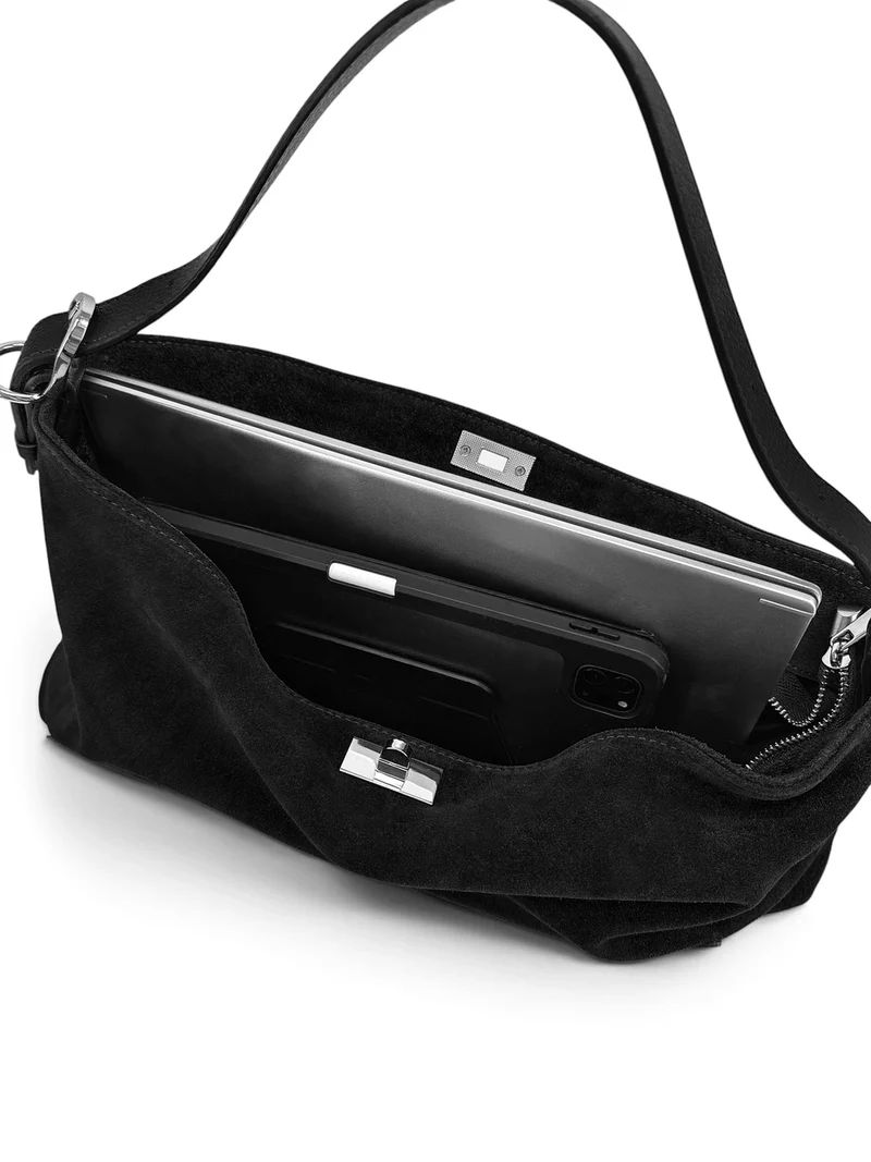 Sac Hobo en cuir grainé et daim HARVEY SUEDE Noir