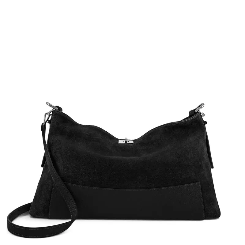 Sac Hobo en cuir grainé et daim HARVEY SUEDE Noir