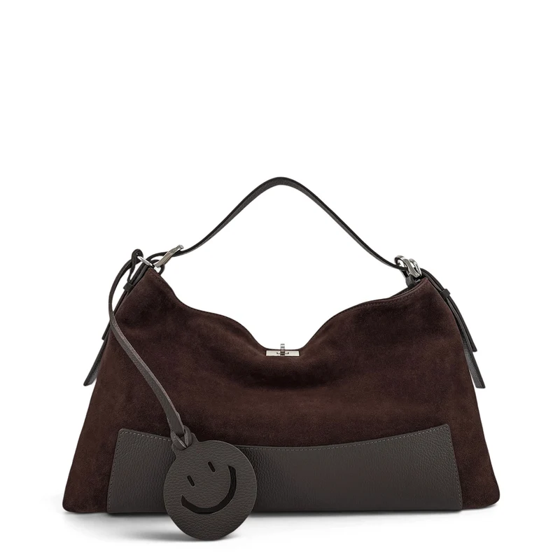 Sac Hobo en cuir grainé et daim HARVEY SUEDE Marron chocolat