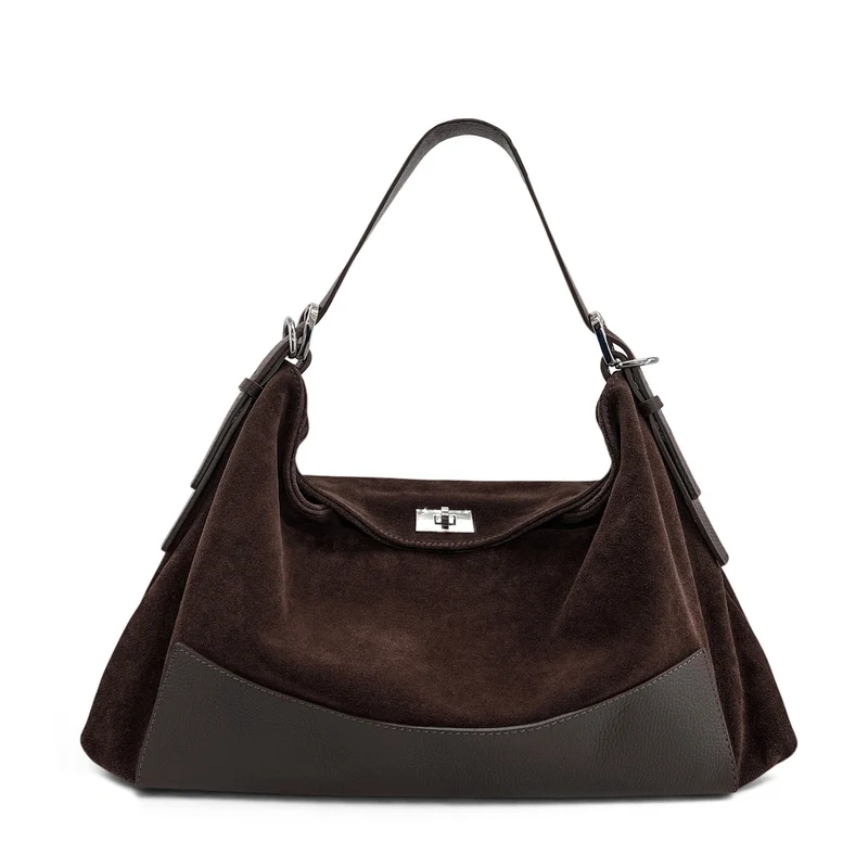 Sac Hobo en cuir grainé et daim HARVEY SUEDE Marron chocolat
