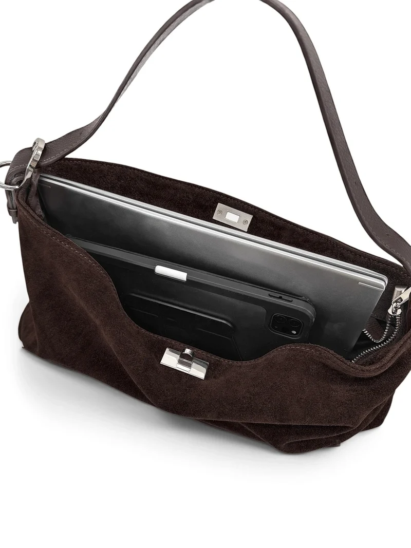 Sac Hobo en cuir grainé et daim HARVEY SUEDE Marron chocolat