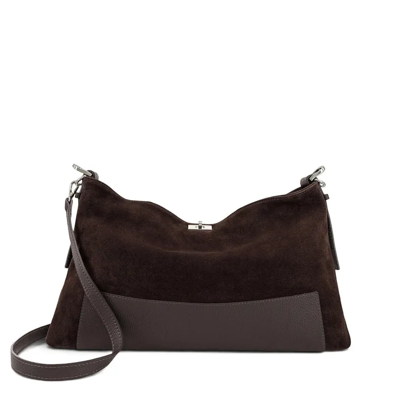 Sac Hobo en cuir grainé et daim HARVEY SUEDE Marron chocolat