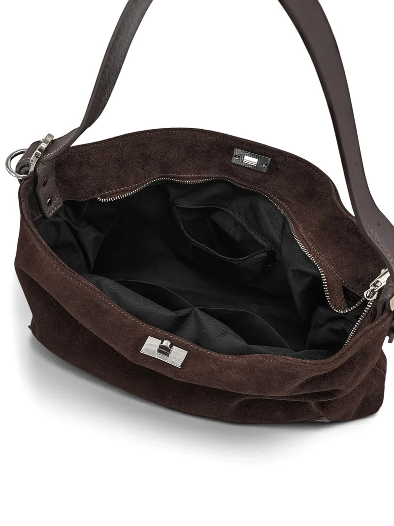 Sac Hobo en cuir grainé et daim HARVEY SUEDE Marron chocolat