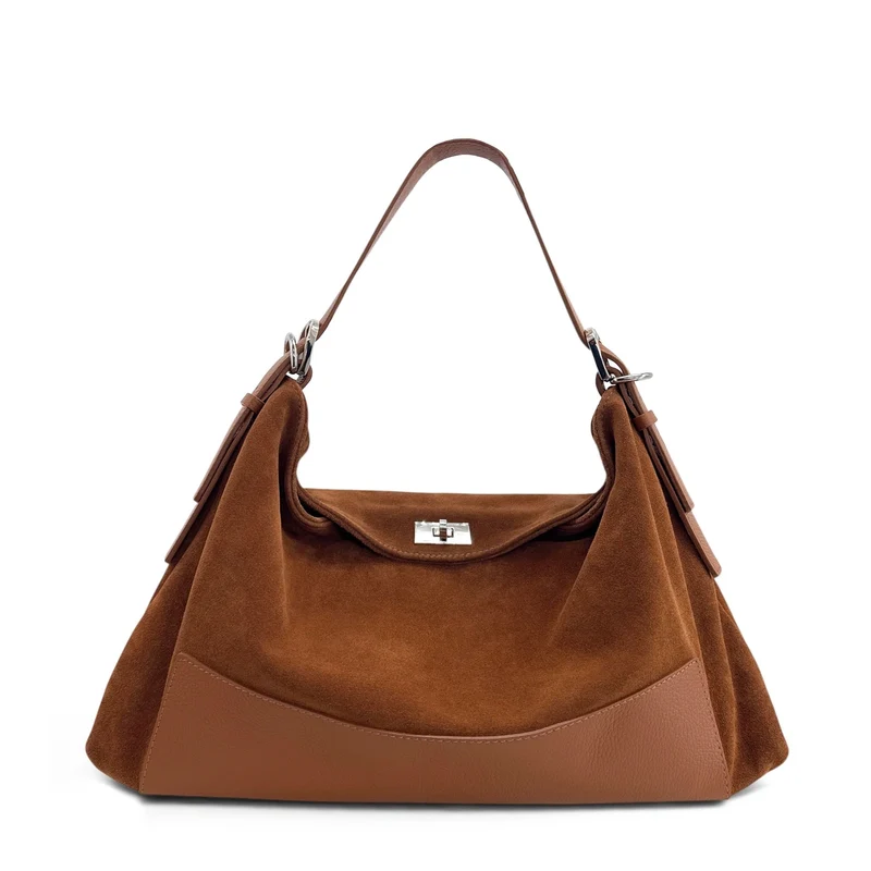 Sac Hobo en cuir grainé et daim HARVEY SUEDE Marron camel