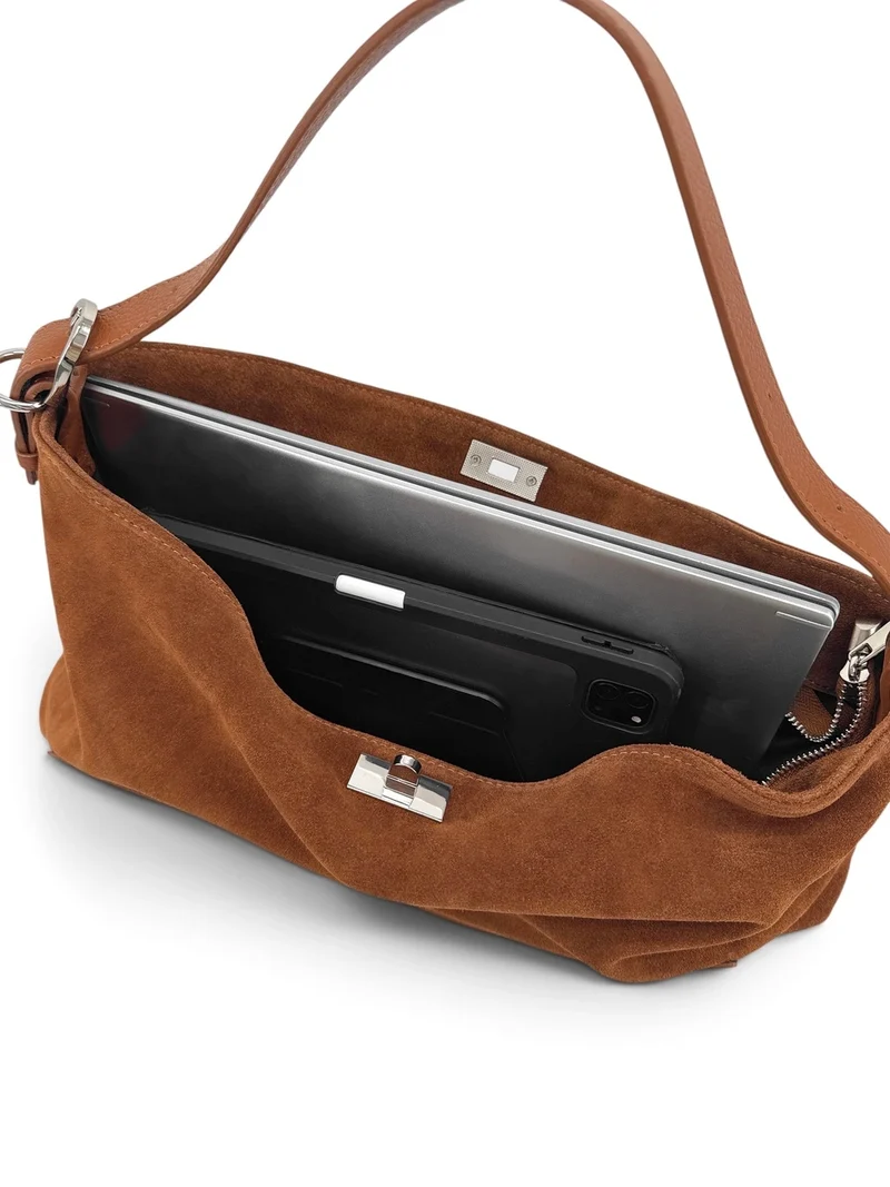 Sac Hobo en cuir grainé et daim HARVEY SUEDE Marron camel