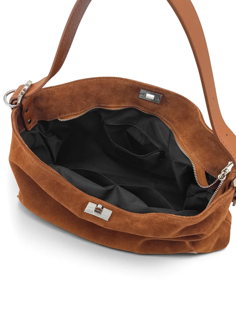Sac Hobo en cuir grainé et daim HARVEY SUEDE Marron camel