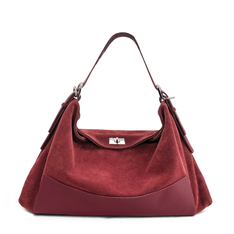 Sac Hobo en cuir grainé et daim HARVEY SUEDE Bordeaux