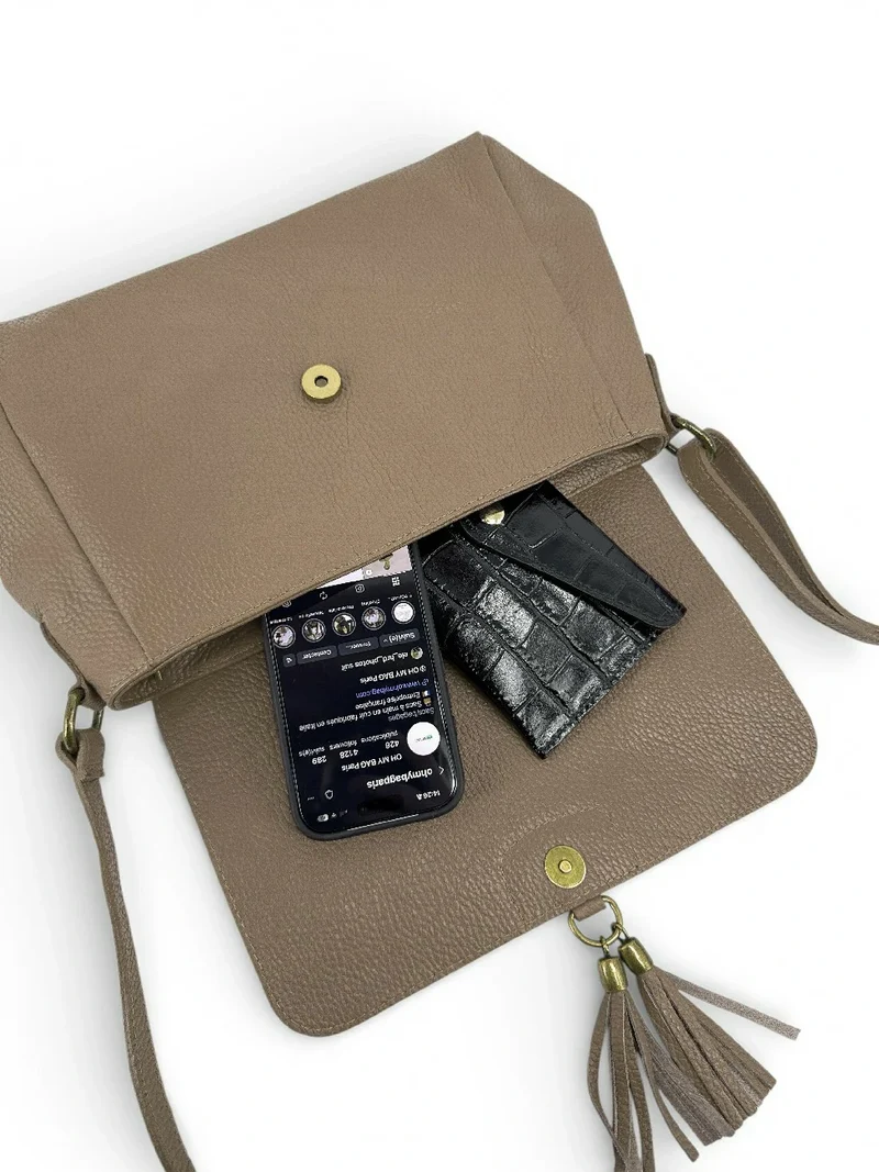 Sac bandoulière en cuir grainé SAIGON Taupe foncé