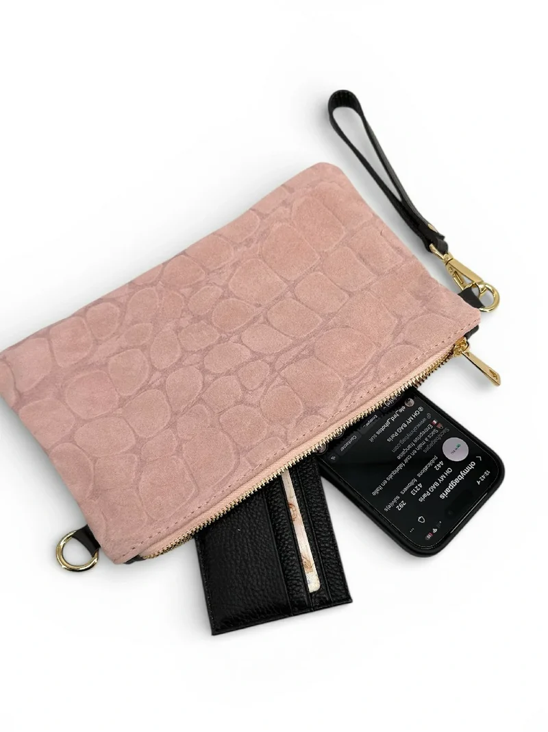 Sac pochette en daim embossé crocodile ZELINE Rose nude