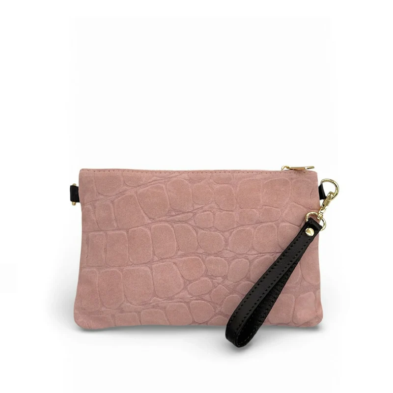 Sac pochette en daim embossé crocodile ZELINE Rose nude