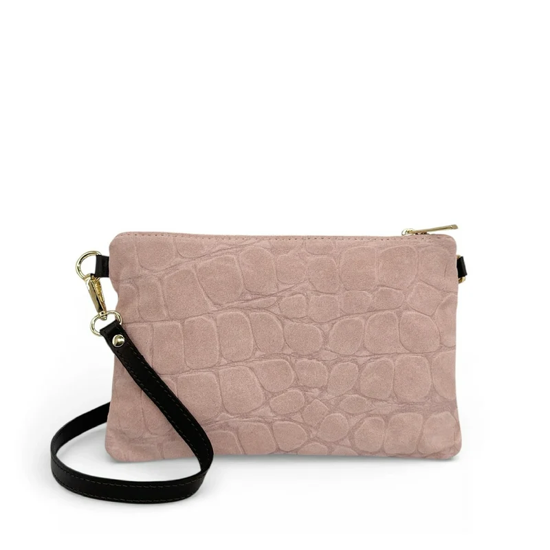 Sac pochette en daim embossé crocodile ZELINE Rose nude