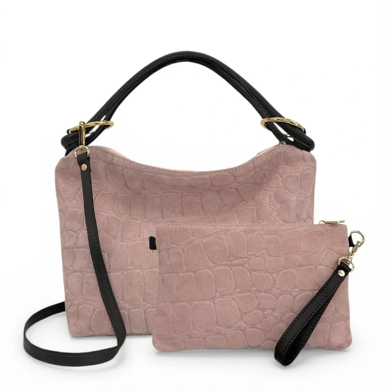 Sac pochette en daim embossé crocodile ZELINE Rose nude