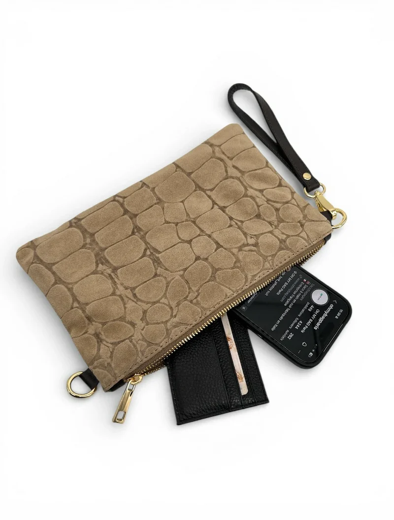 Sac pochette en daim embossé crocodile ZELINE Taupe