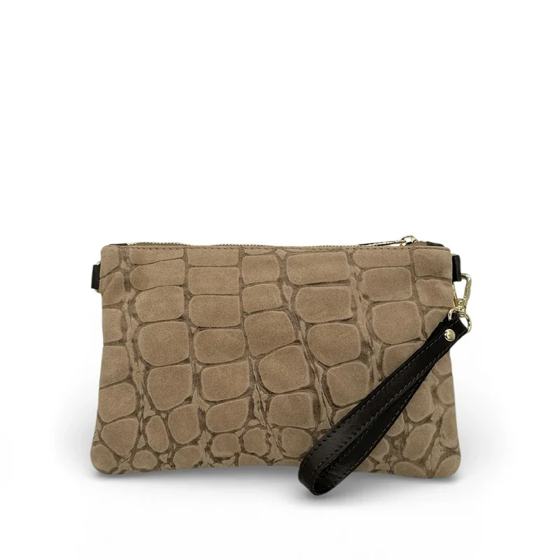 Sac pochette en daim embossé crocodile ZELINE Taupe