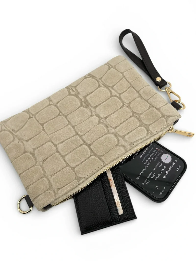 Sac pochette en daim embossé crocodile ZELINE Taupe clair