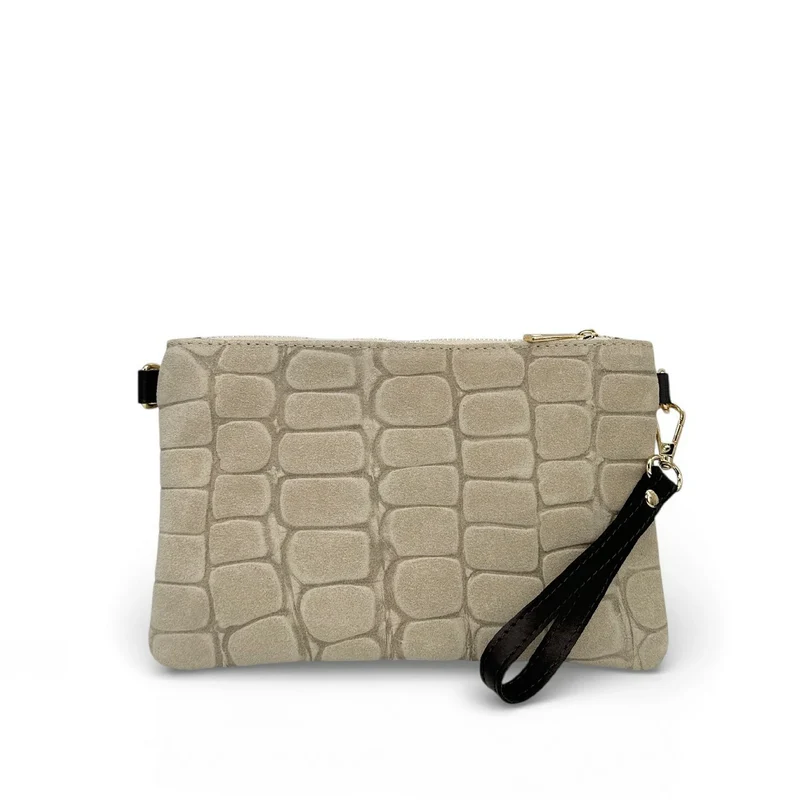 Sac pochette en daim embossé crocodile ZELINE Taupe clair
