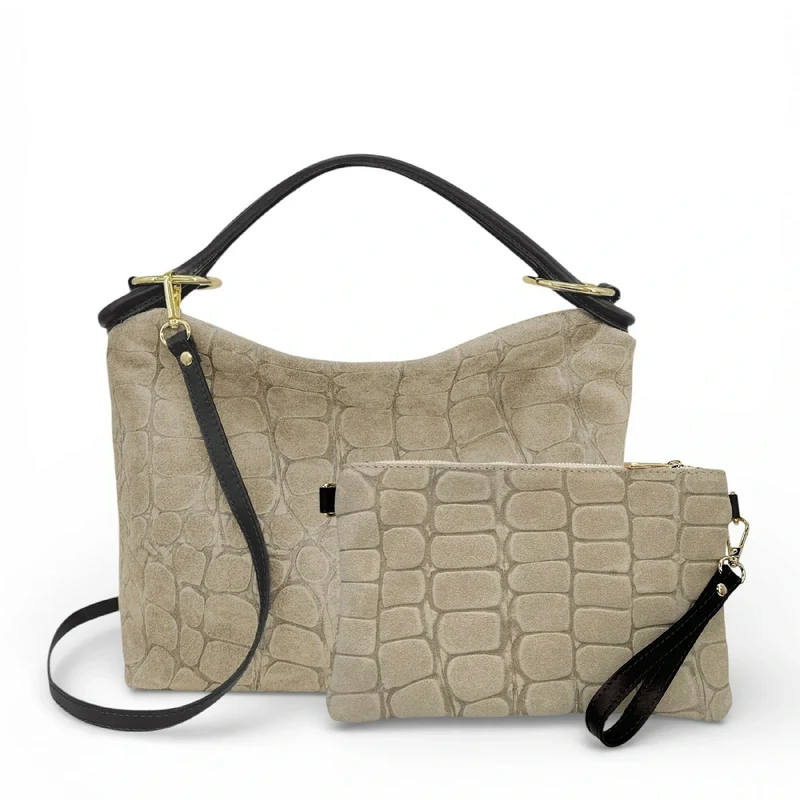 Sac pochette en daim embossé crocodile ZELINE Taupe clair