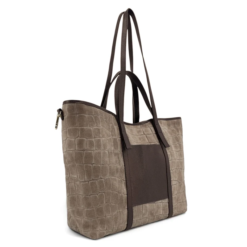 Grand sac cabas en cuir grainé et daim VENICE Taupe foncé