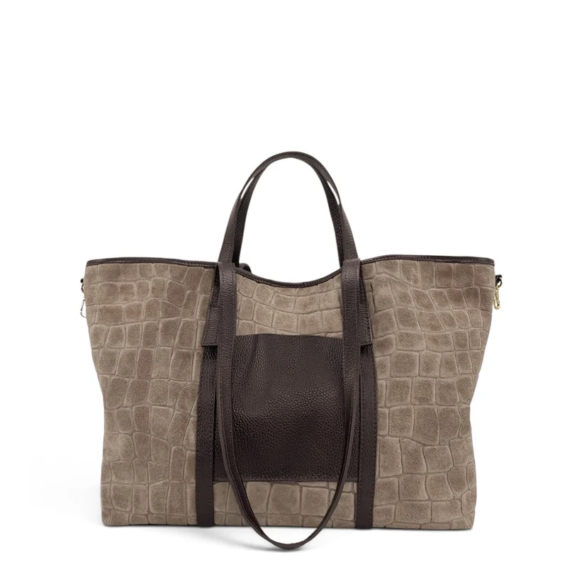 Grand sac cabas en cuir grainé et daim VENICE Taupe foncé