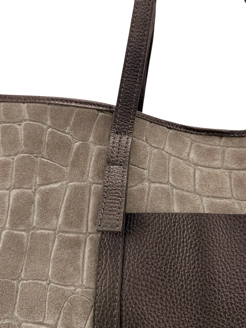 Grand sac cabas en cuir grainé et daim VENICE Taupe foncé