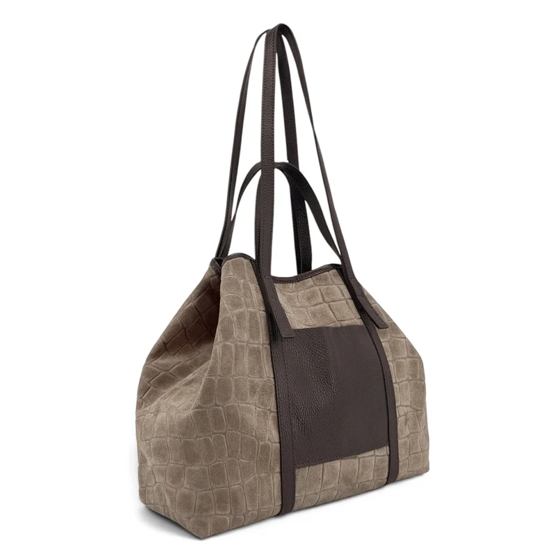 Grand sac cabas en cuir grainé et daim VENICE Taupe foncé