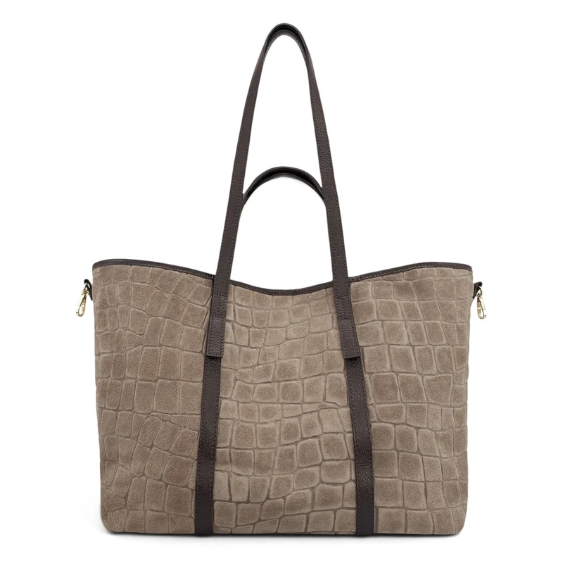 Grand sac cabas en cuir grainé et daim VENICE Taupe foncé