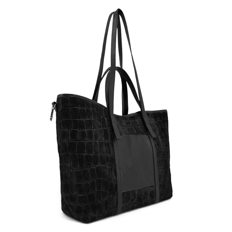 Grand sac cabas en cuir grainé et daim VENICE Noir