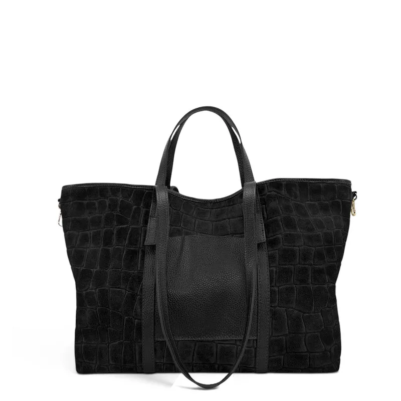 Grand sac cabas en cuir grainé et daim VENICE Noir
