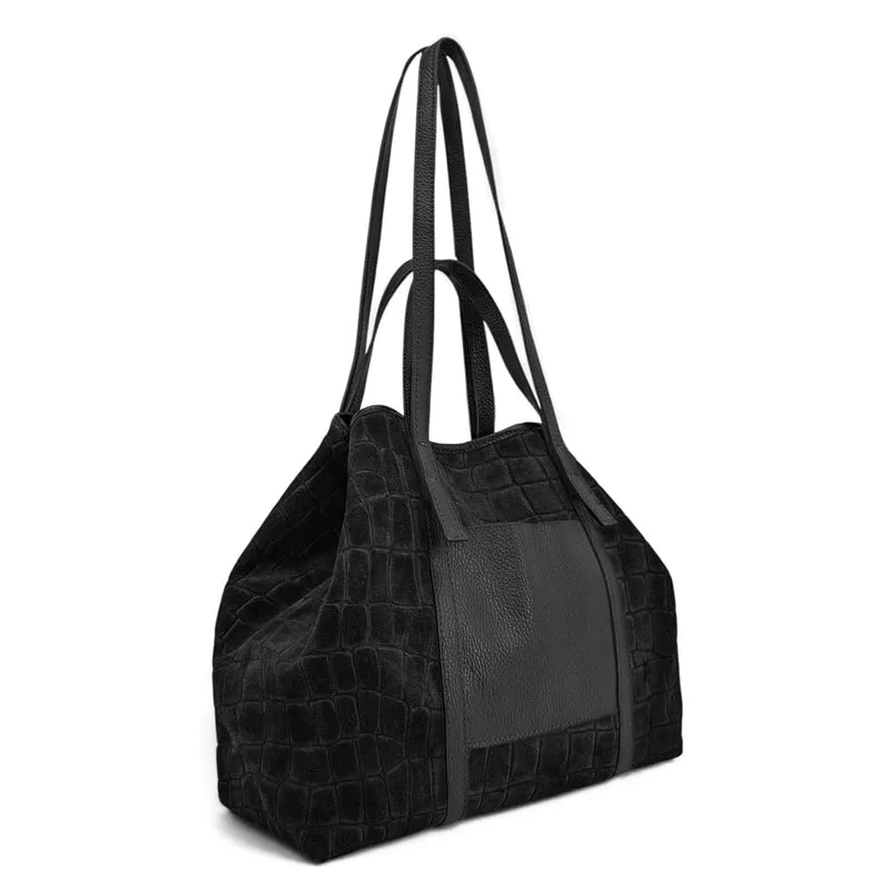 Grand sac cabas en cuir grainé et daim VENICE Noir