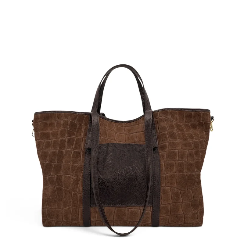 Grand sac cabas en cuir grainé et daim VENICE Marron moka