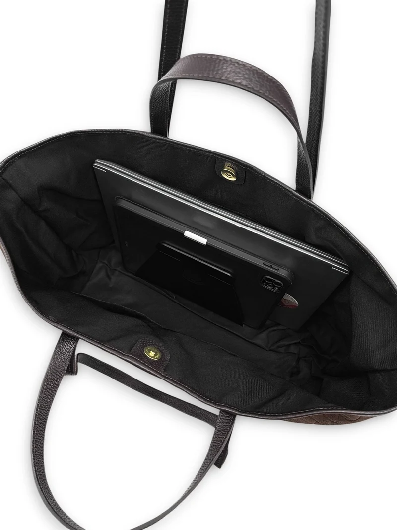 Grand sac cabas en cuir grainé et daim VENICE Marron moka