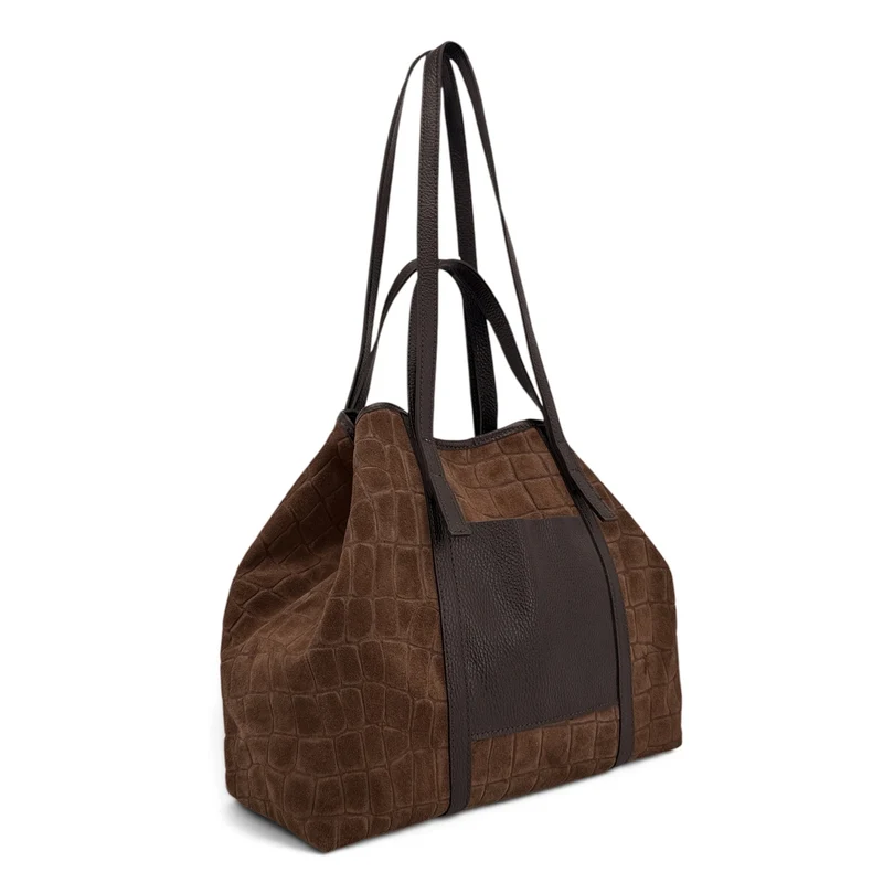 Grand sac cabas en cuir grainé et daim VENICE Marron moka