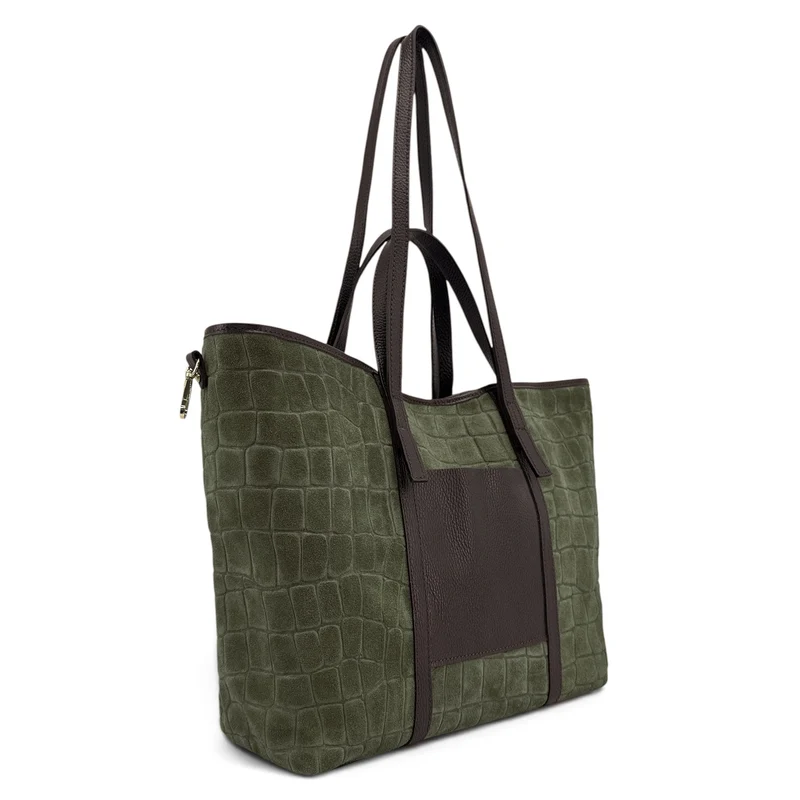 Grand sac cabas en cuir grainé et daim VENICE Vert kaki