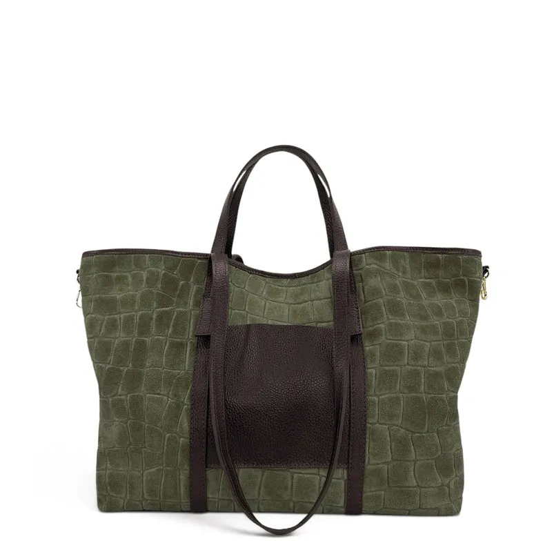 Grand sac cabas en cuir grainé et daim VENICE Vert kaki