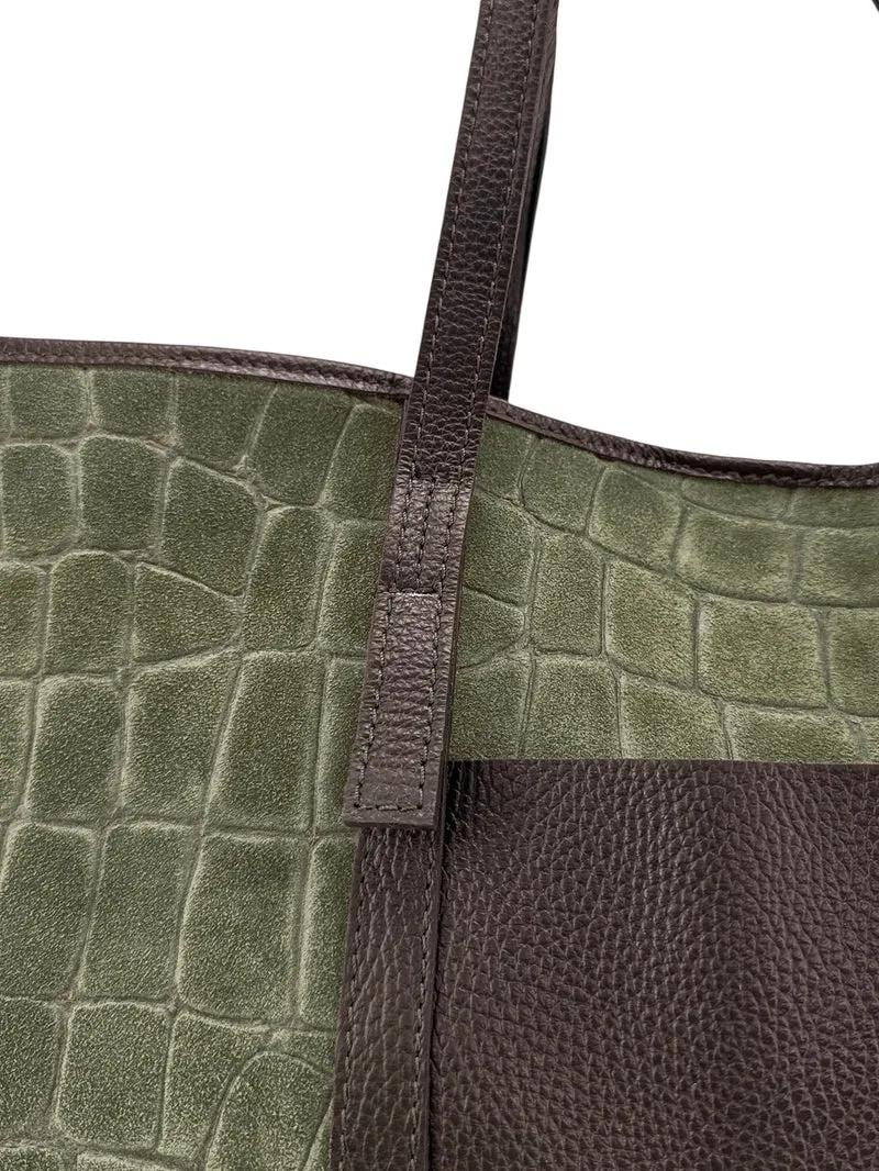 Grand sac cabas en cuir grainé et daim VENICE Vert kaki