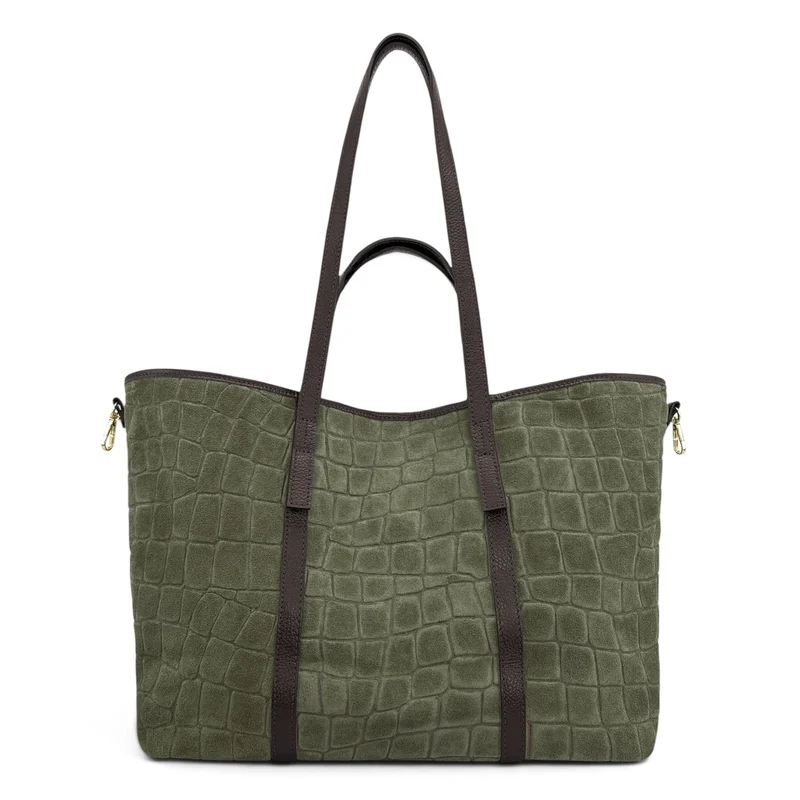 Grand sac cabas en cuir grainé et daim VENICE Vert kaki