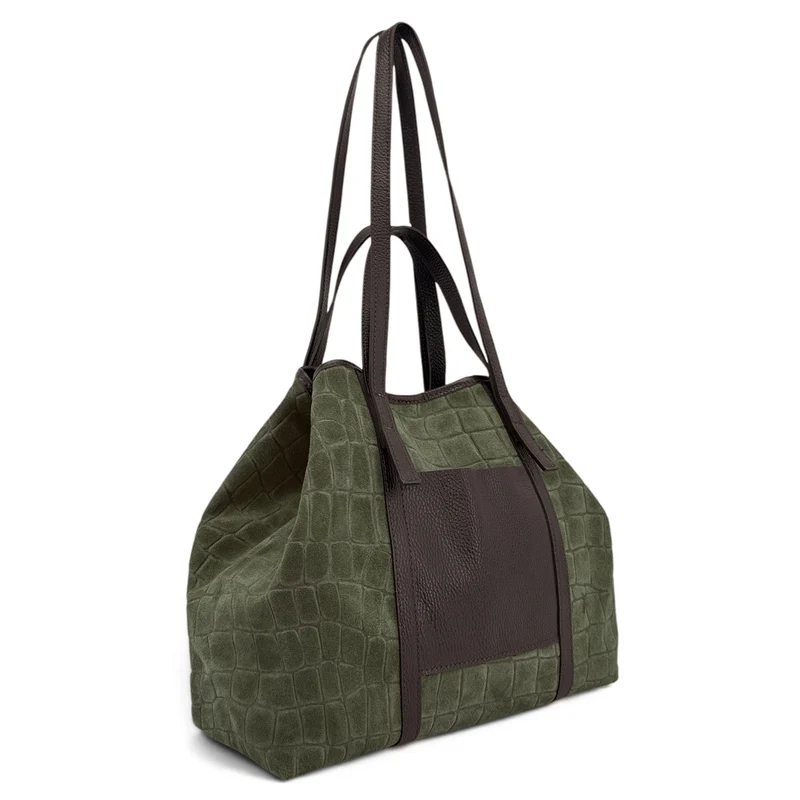 Grand sac cabas en cuir grainé et daim VENICE Vert kaki